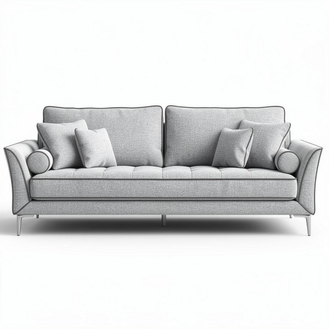Gray fabric sofa with throw pillows for living room seating 210 x 90 x 85cm
