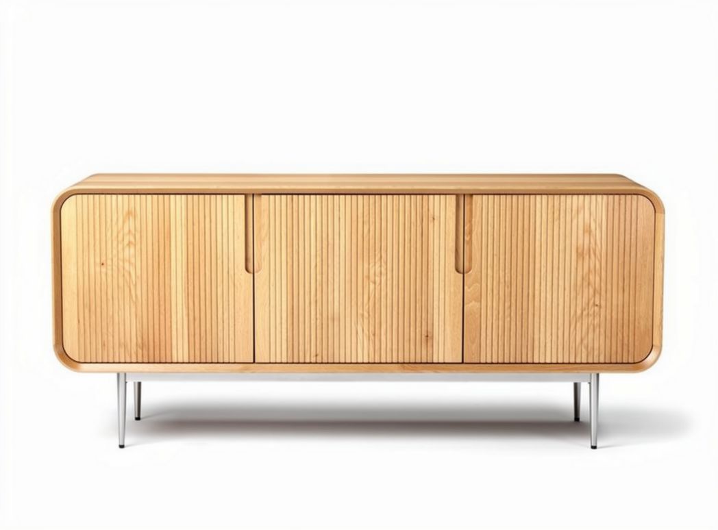 Wooden sideboard cabinet with three doors and metal legs 150 x 40 x 70cm