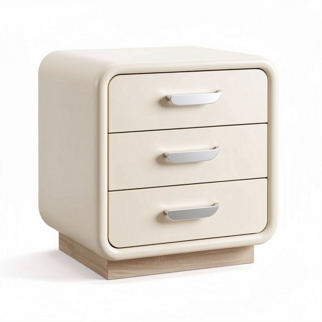 Modern bedside table with three drawers in cream finish and wood base