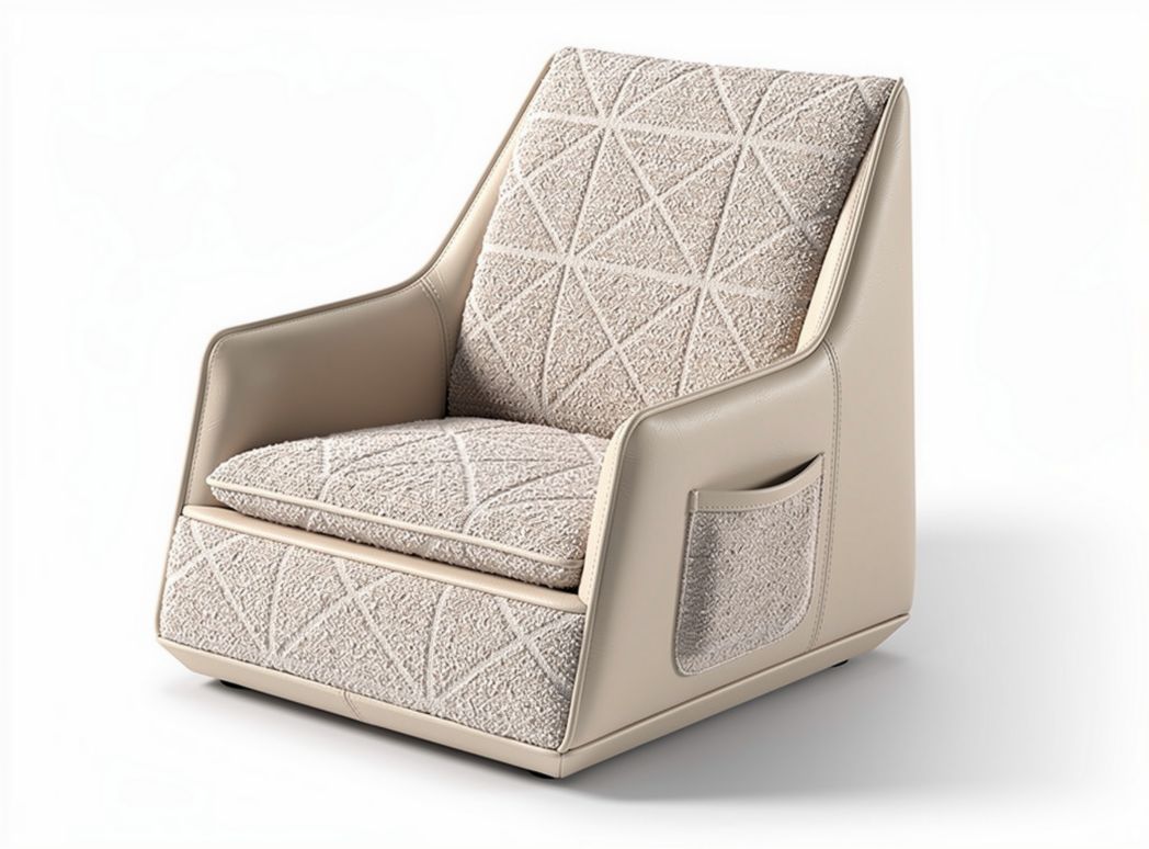 Modern upholstered accent chair with geometric pattern and storage pocket, cream, 65 x 75 x 90cm