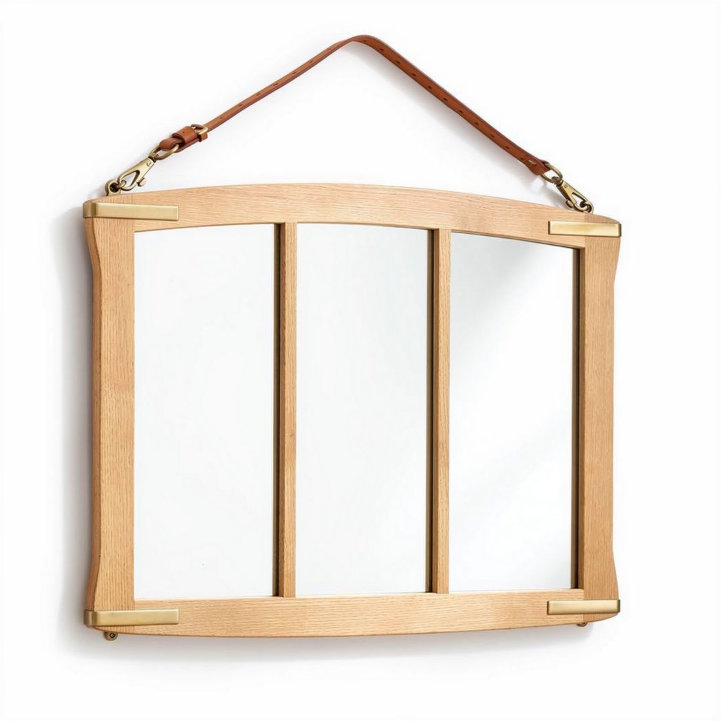 Wooden wall-mounted mirror with leather strap and three panel design 70 x 50 x 5cm
