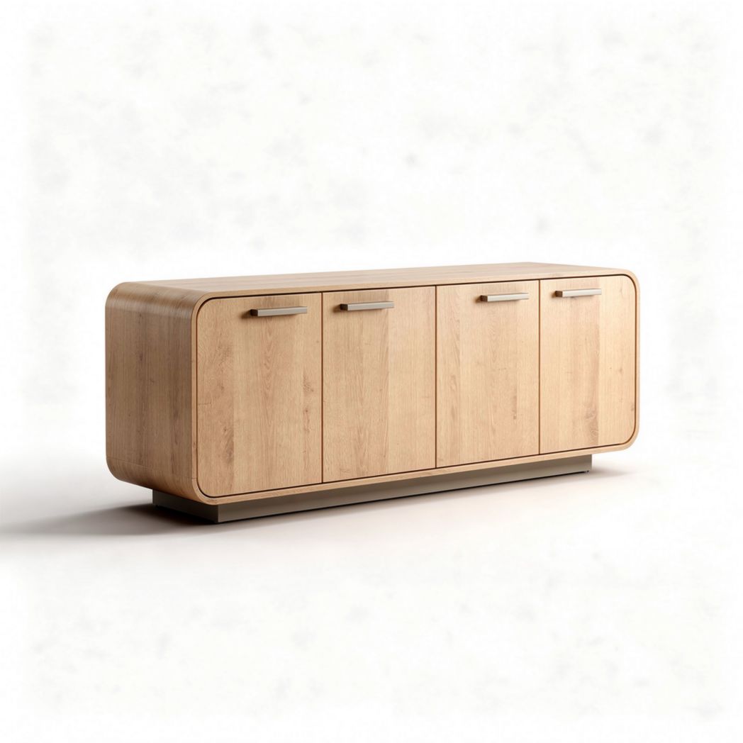 Wooden sideboard storage cabinet with four doors and brushed metal handles 150 x 40 x 70cm