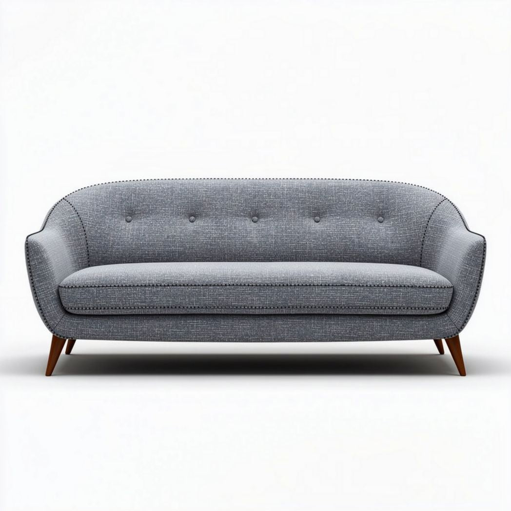 Gray fabric three-seater sofa with wooden legs and tufted design