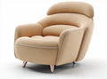 Beige fabric recliner chair with curved design and wooden legs