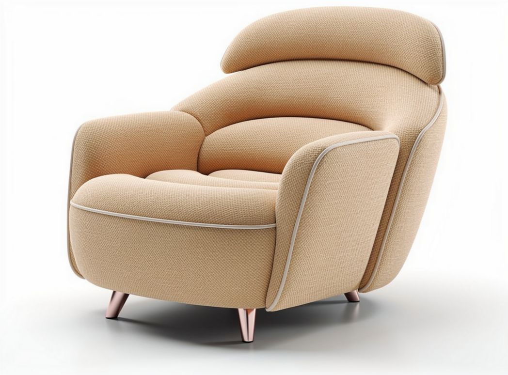 Beige fabric recliner chair with curved design and wooden legs